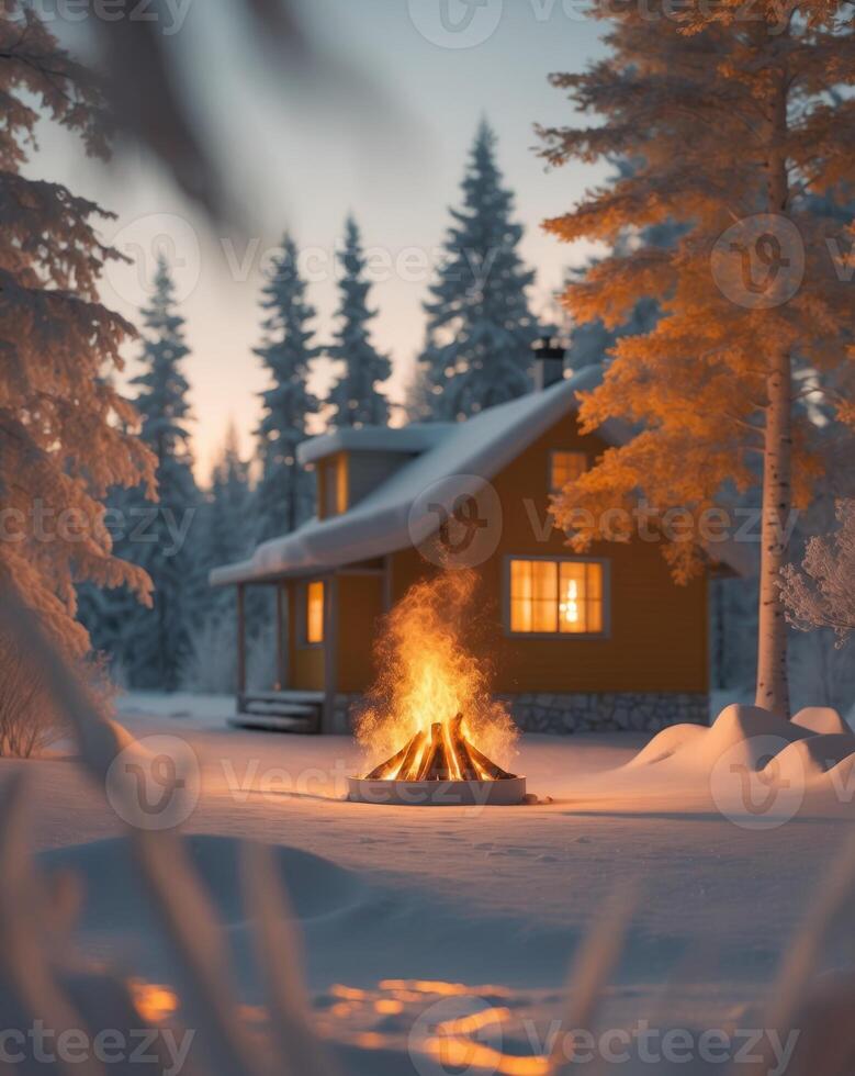Cozy cabin evening snowy landscape lifestyle scene warm fire intimate view relaxing concept photo