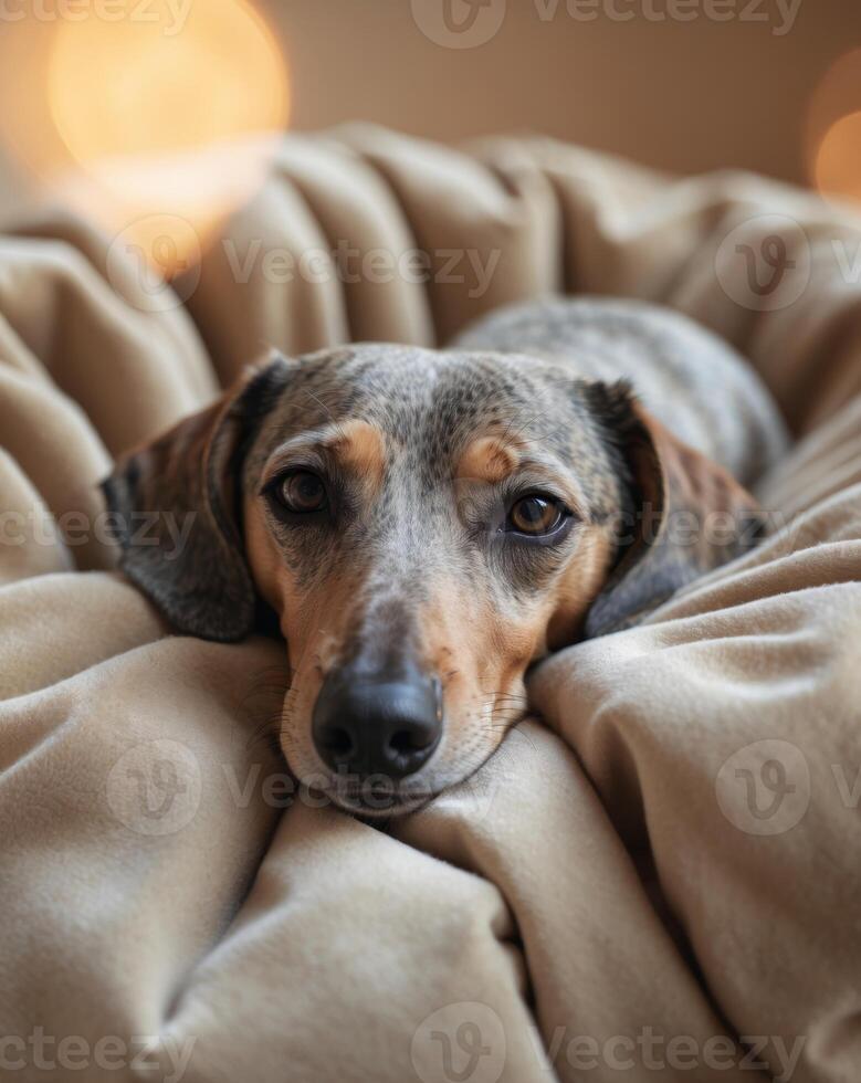 Elderly dachshund on plush cushion in warm studio lighting photo