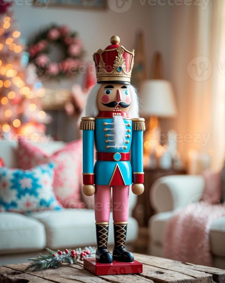 Colorful Nutcracker Figure in Festive Living Room Setting photo