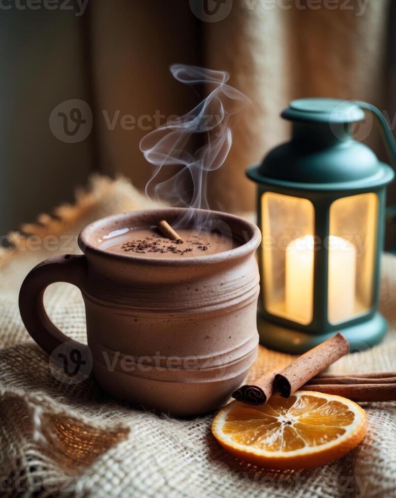 Clay mug of hot cocoa with cinnamon sticks and dried oranges on burlap cloth near lantern photo
