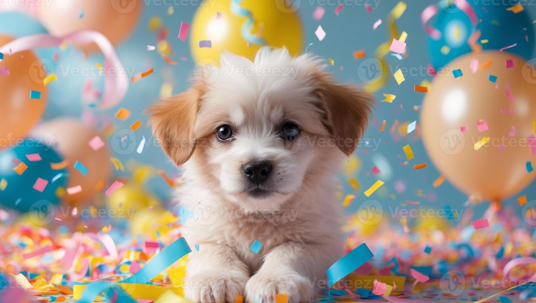 A puppy is sitting on a blue background with confetti photo