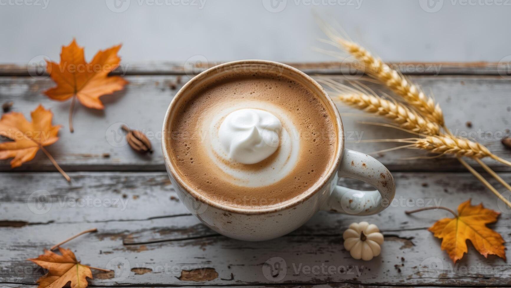 Coffee with whipped cream on a wooden table with autumn leaves photo