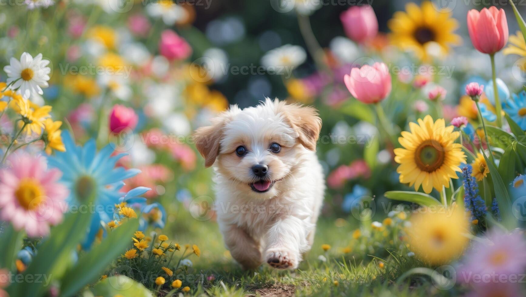 A puppy running through a field of flowers photo