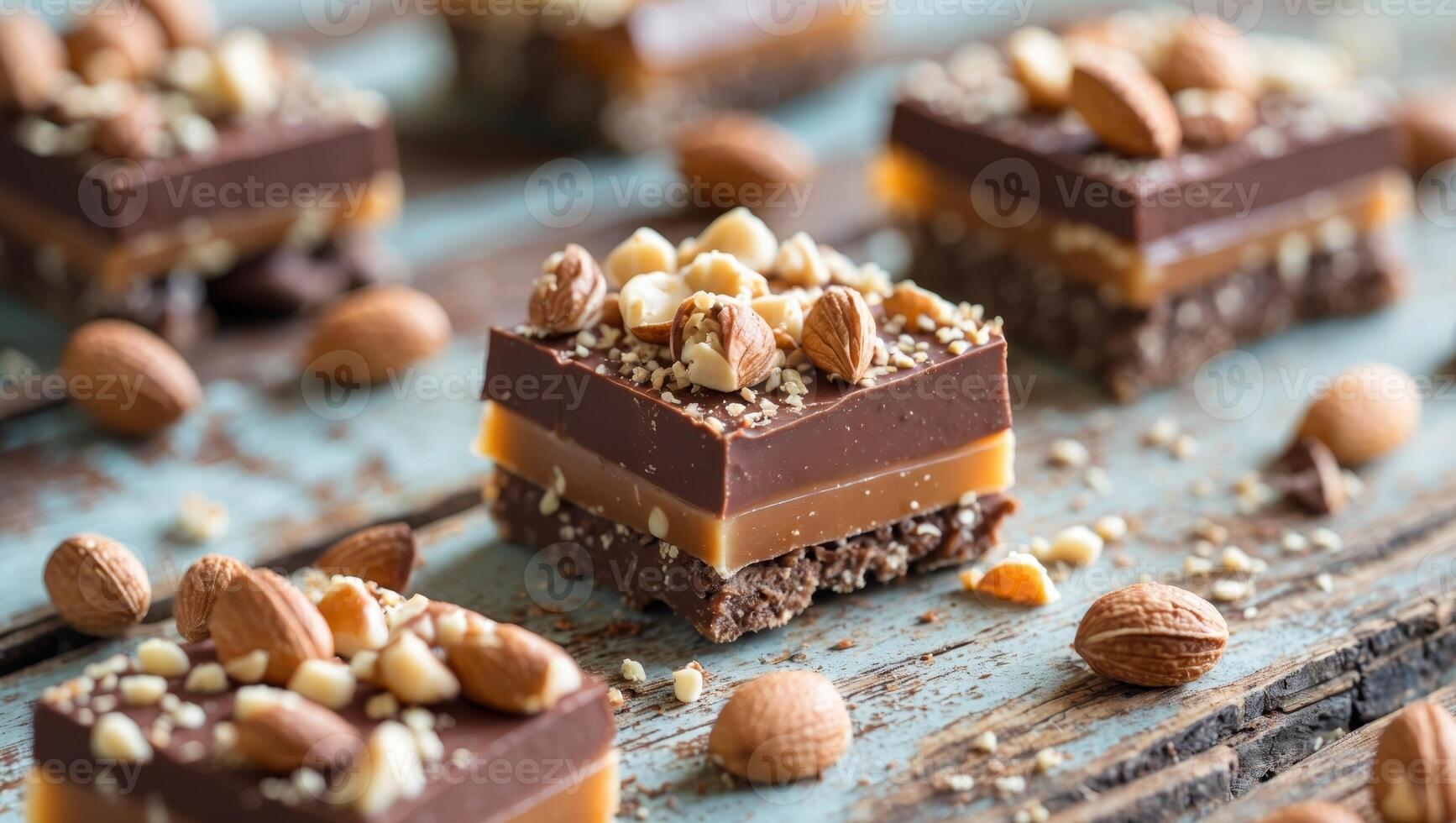 Chocolate bars with nuts and nuts on a wooden table photo
