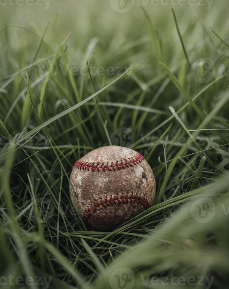 An old baseball sits in the grass photo