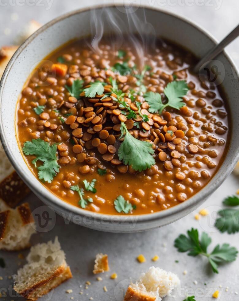 A bowl of lentil soup with a spoon and a spoonful of bread photo