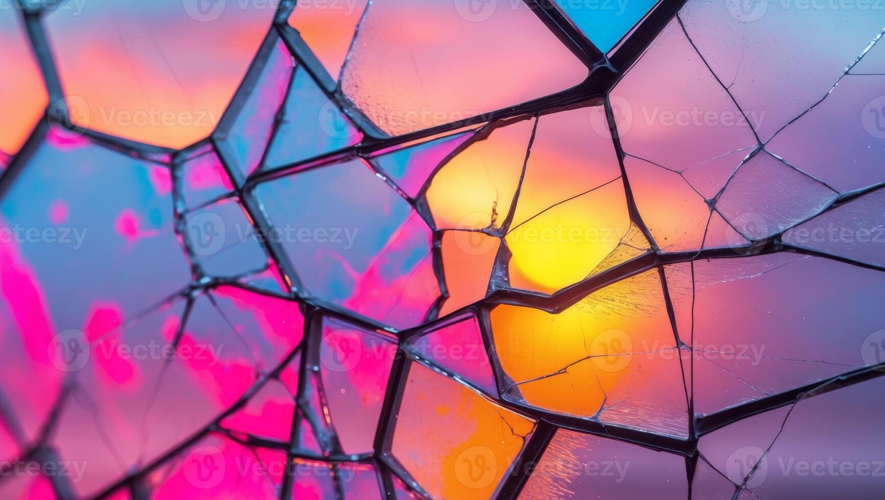 Broken glass with colorful sky in the background photo