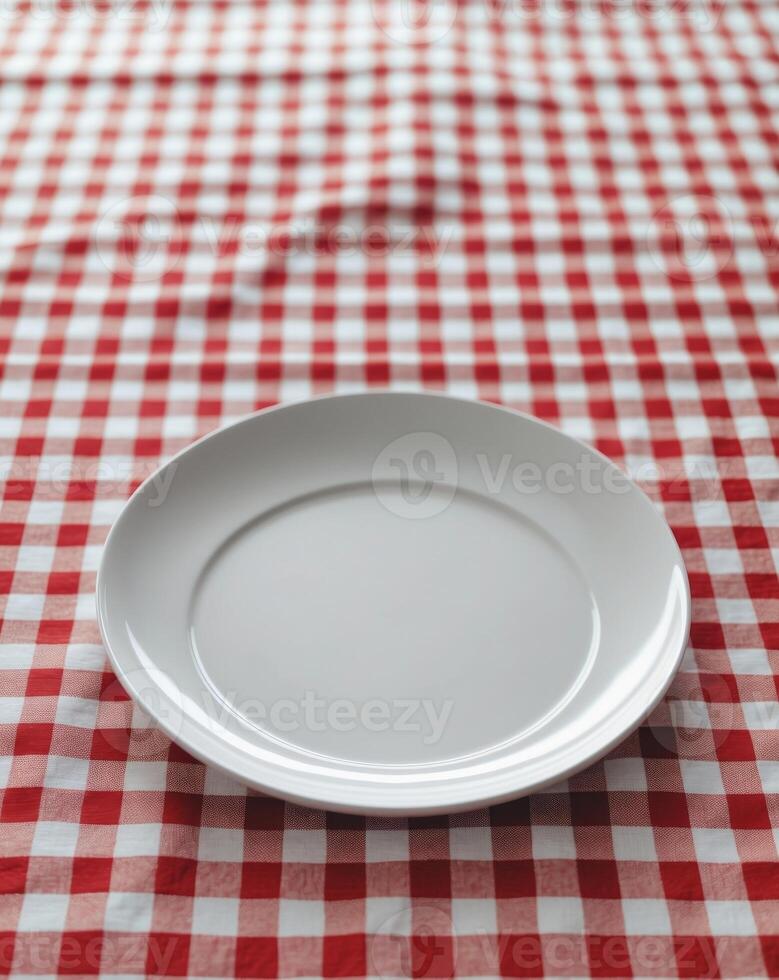 Empty plate on red and white checkered tablecloth photo