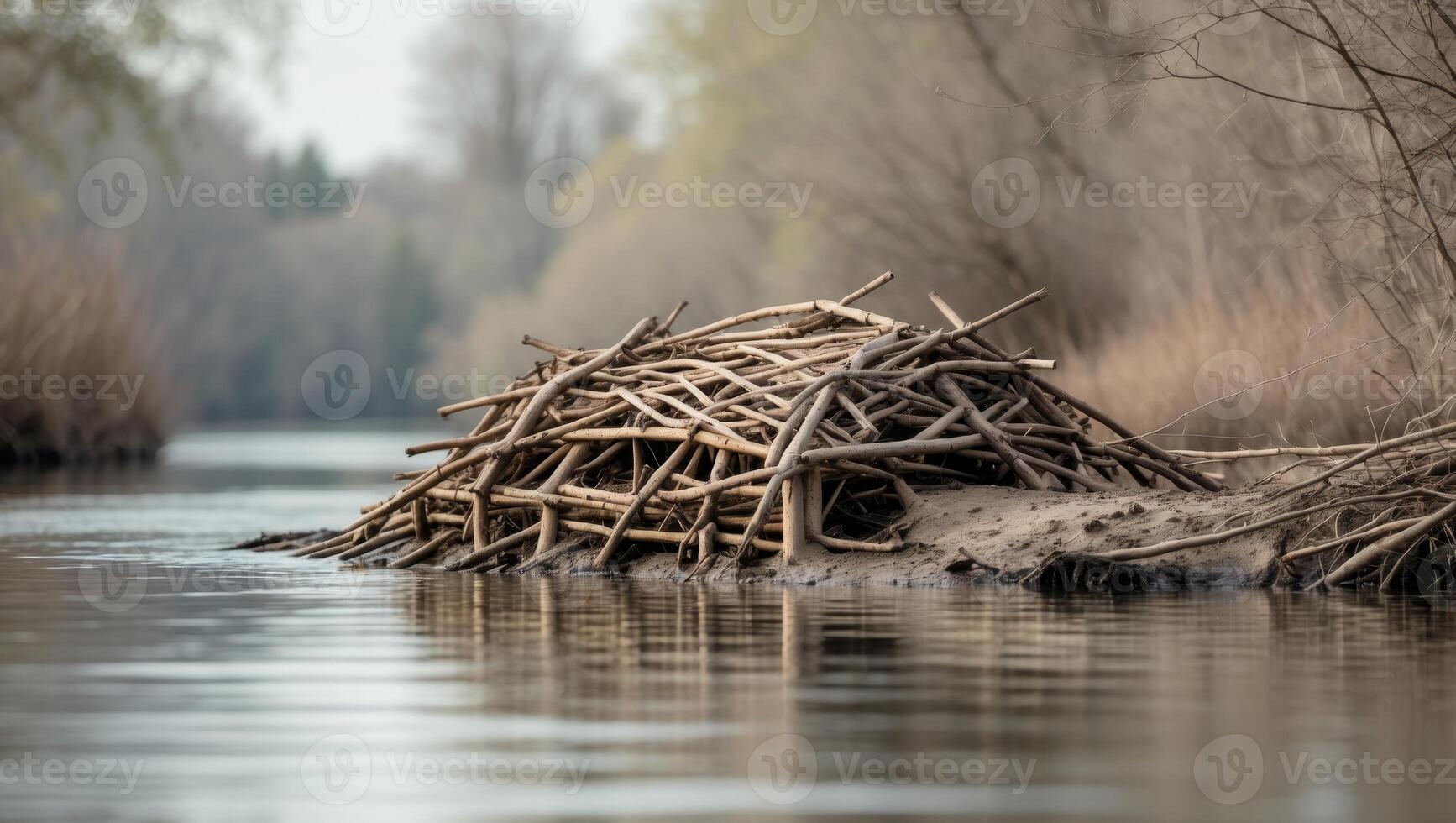 A large pile of sticks on the side of a river photo