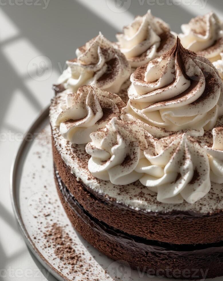 A chocolate cake with whipped cream on top photo