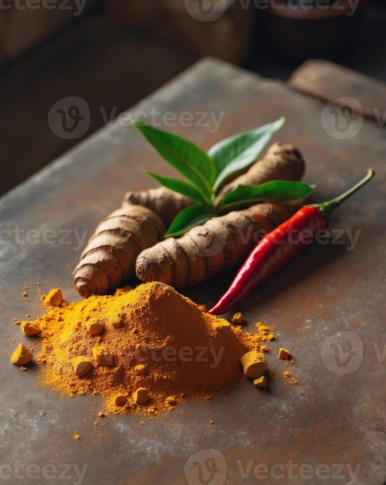 Tumeric, chili and ginger on a table photo