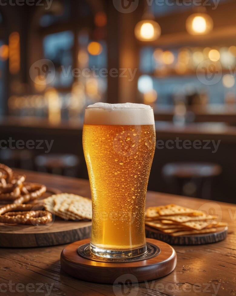 A glass of beer sits on a wooden table photo