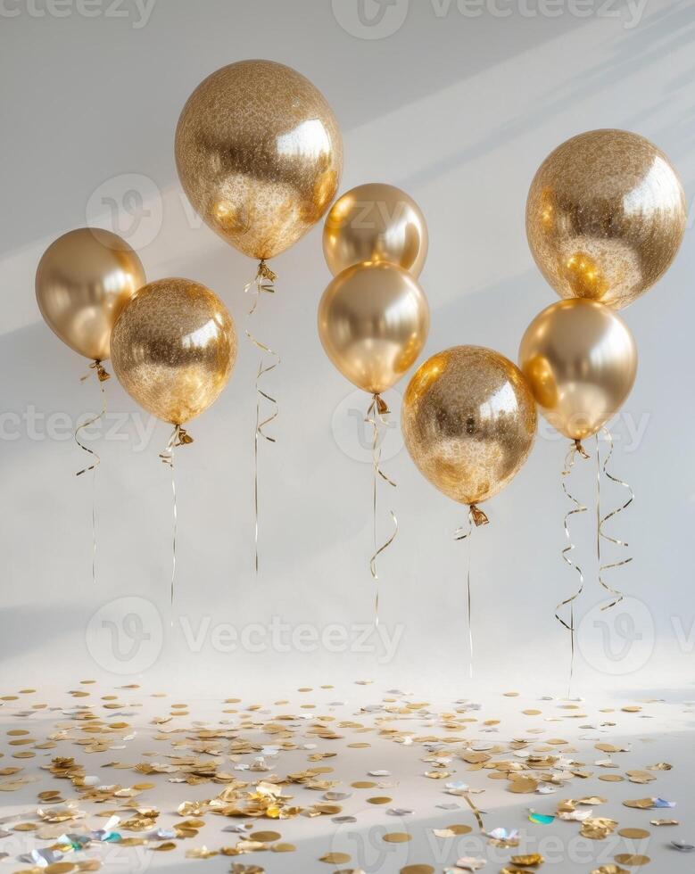 Golden Glitter Balloons with Shiny Confetti in Celebration photo