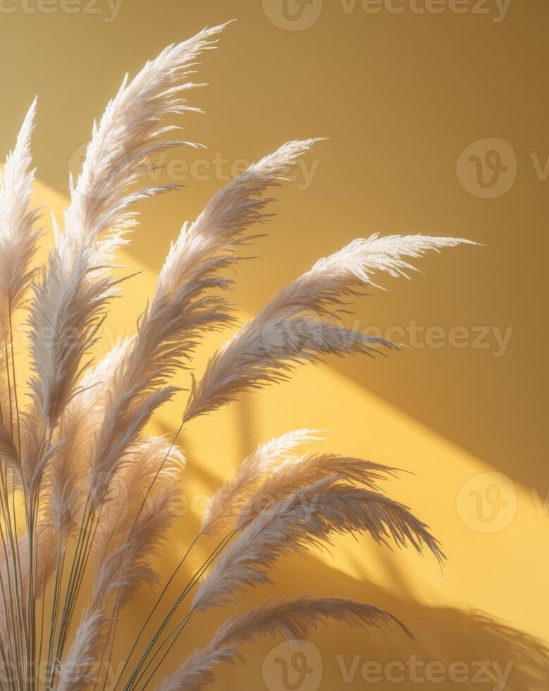 Bright yellow background with soft pampas grass creating a warm and inviting atmosphere photo