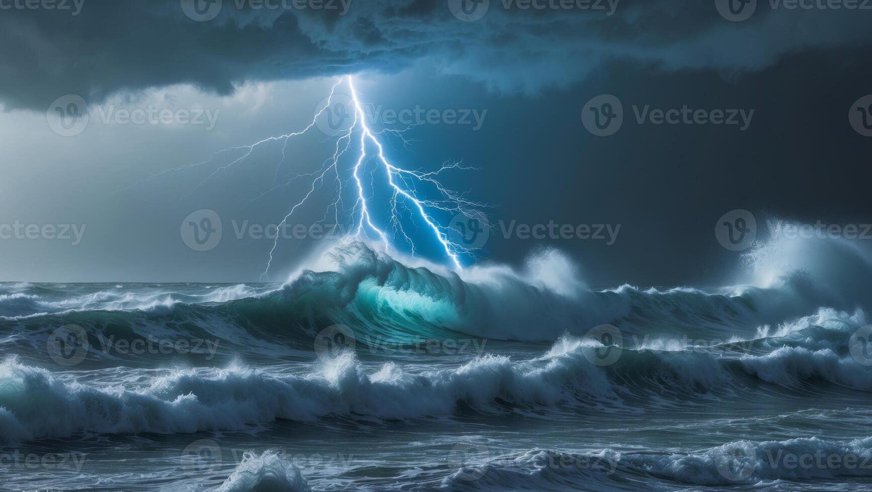 Dark stormy sea with large waves and lightning photo