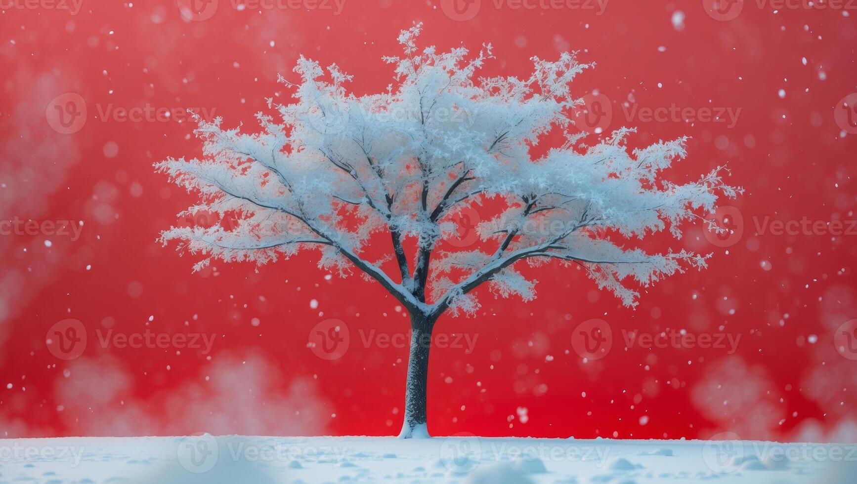 A red background with a tree and snow on it photo