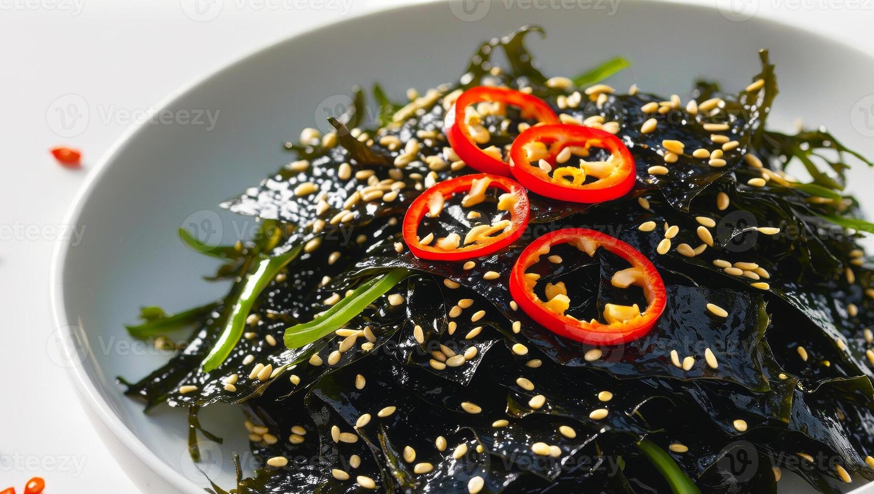 Fresh seaweed salad prepared with chili peppers and garnished with sesame seeds photo