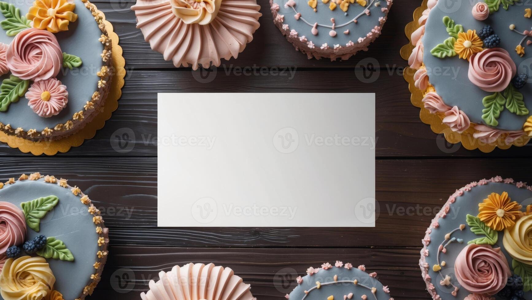 Flat Lay of Decorative Cakes with Text Space on Dark Wood photo