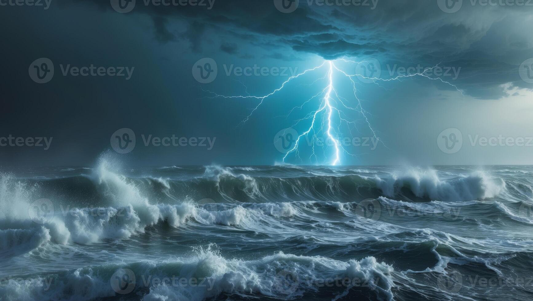 Dark stormy sea with large waves and lightning photo