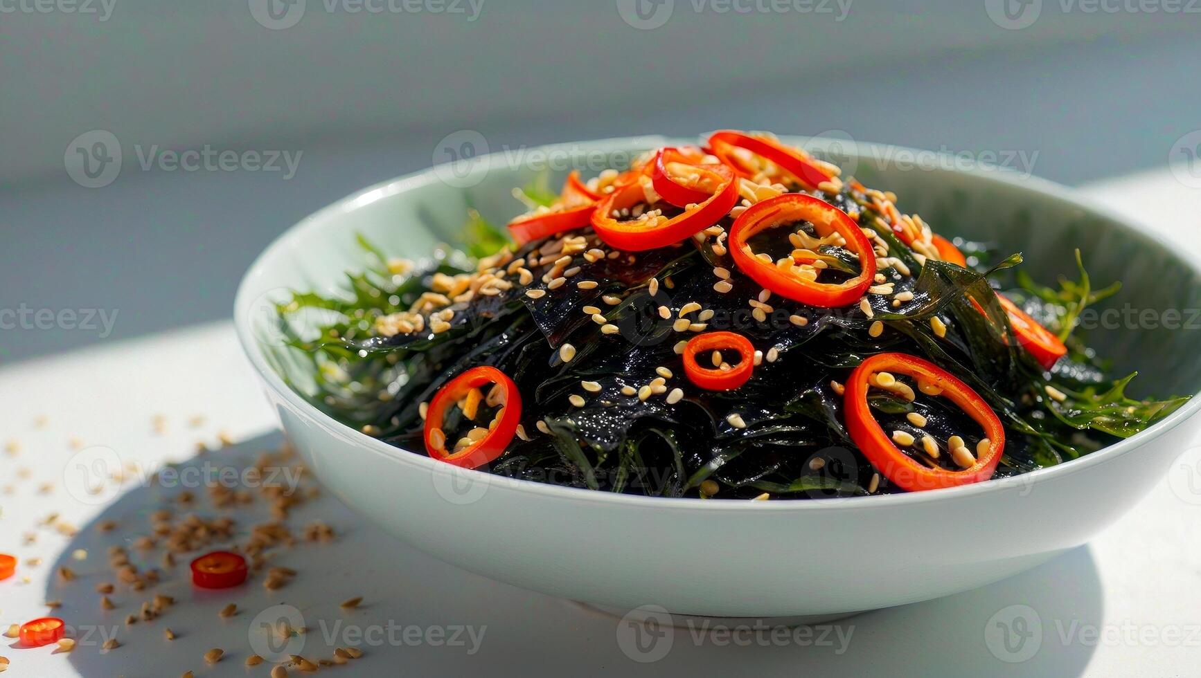 Fresh seaweed salad prepared with chili peppers and garnished with sesame seeds photo