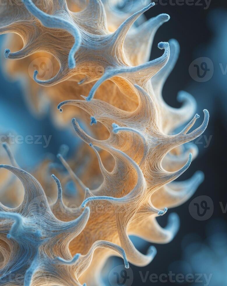 Abstract microscopic image of marine microorganisms with golden and blue hues in their unique structures photo