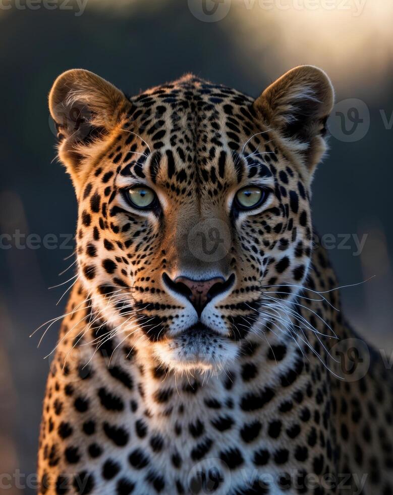 A close encounter with a majestic leopard showcasing its striking features at twilight photo