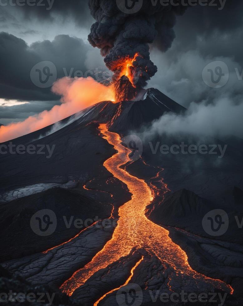 Erupting Volcano With Glowing Lava Flowing Down photo