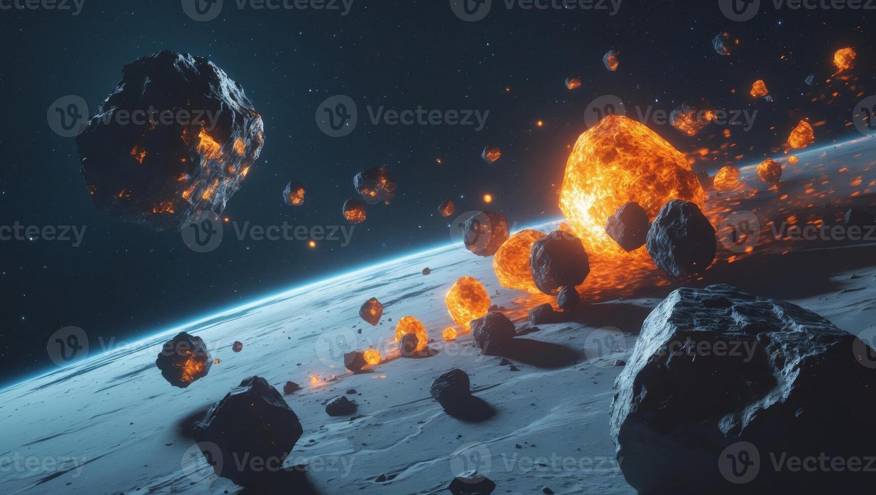 A stunning collision of asteroids dramatically impacts Earth in the depths of space during a vibrant cosmic event photo