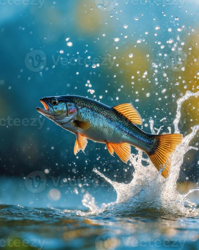 Energetic Freshwater Fish Leaping Out Of Water With Splashing photo