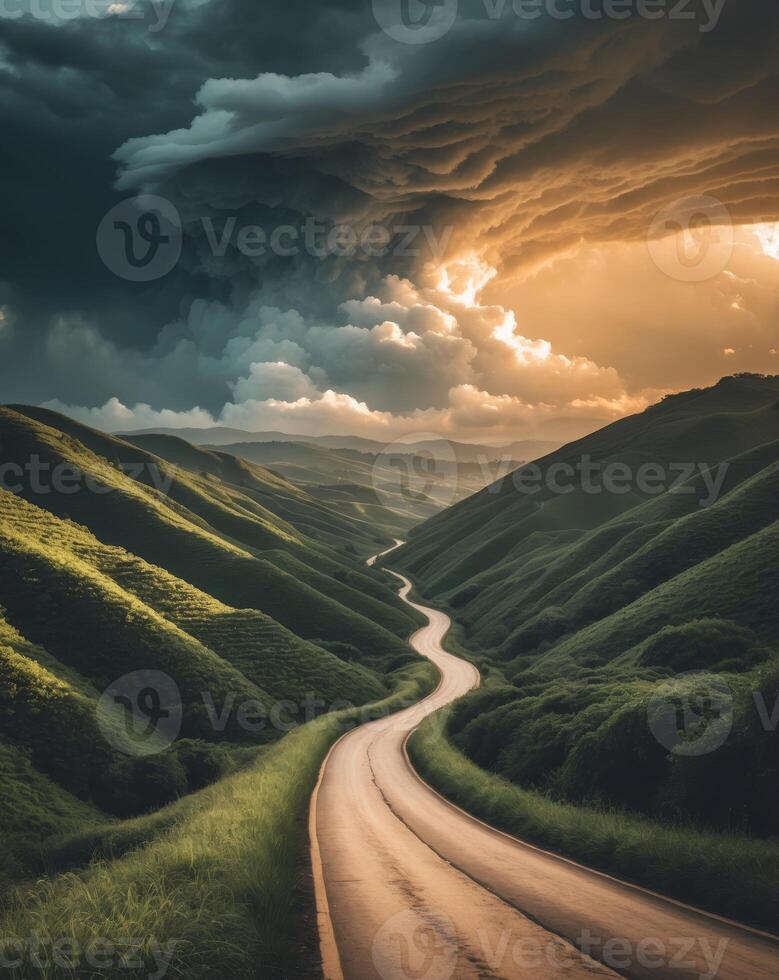 Curving Road Through Lush Green Hills with Dramatic Storm Clouds and Contrast Between Shadow and Light photo