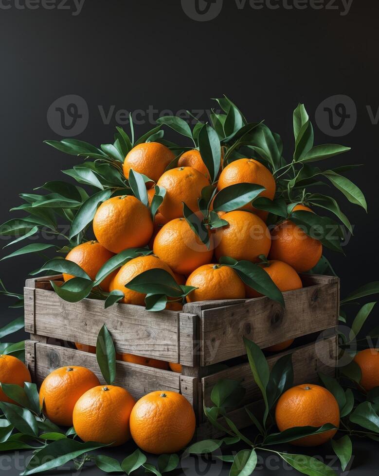 Fresh Oranges in Wooden Crate with Green Leaves on Black Background photo