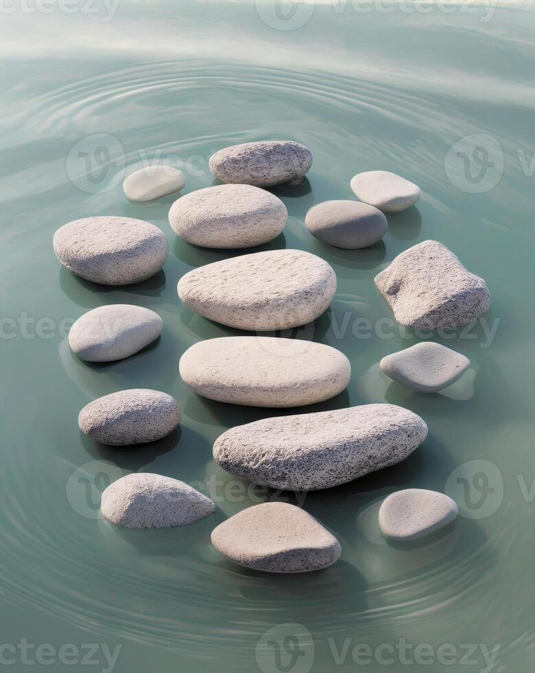 Balanced rock stones on a water background concept Calm meditation pure mind photo
