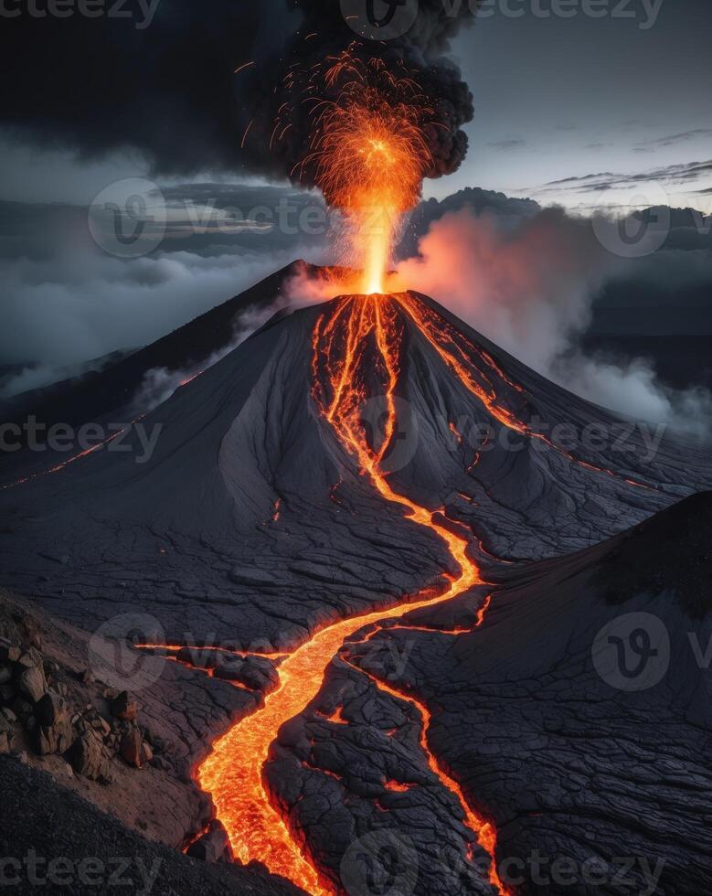Erupting Volcano With Glowing Lava Flowing Down photo