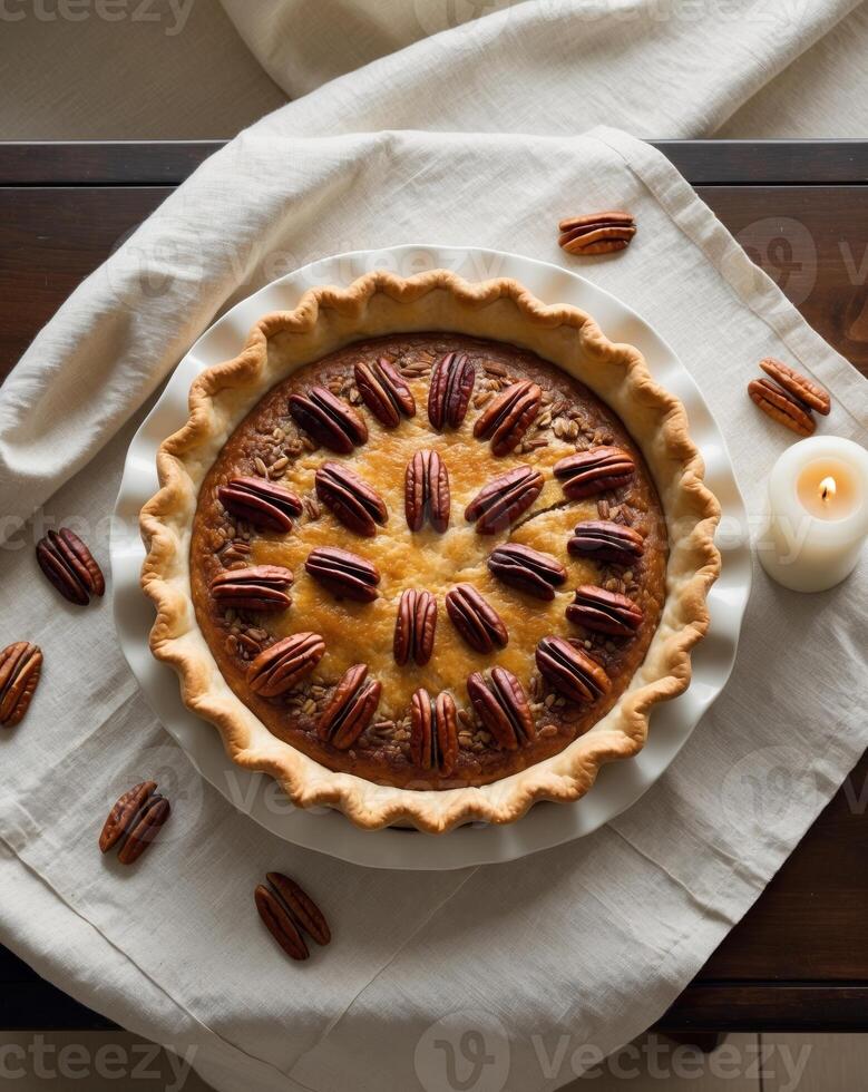 Classic Pecan Pie with a Golden Buttery Crust on Elegant Table Setting photo