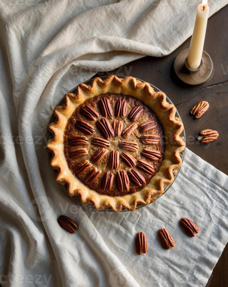 Classic Pecan Pie with a Golden Buttery Crust on Elegant Table Setting photo