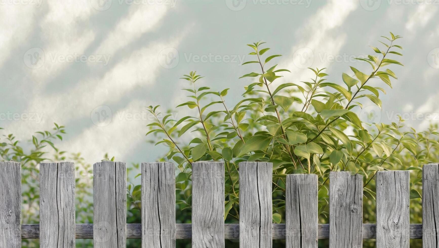 A wooden fence with a lush green plant growing behind it photo