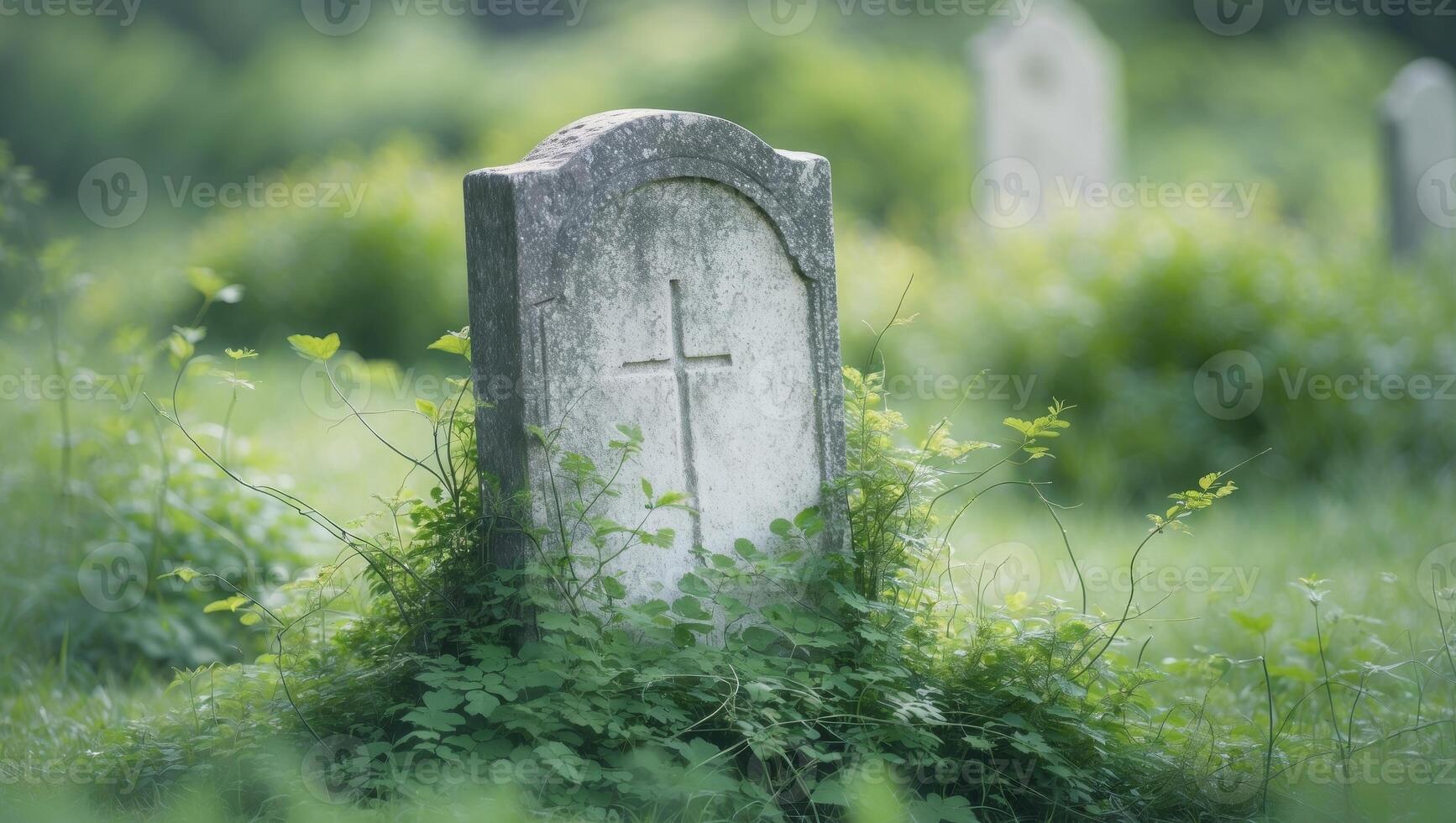 Simple gravestone with greenery at the base photo