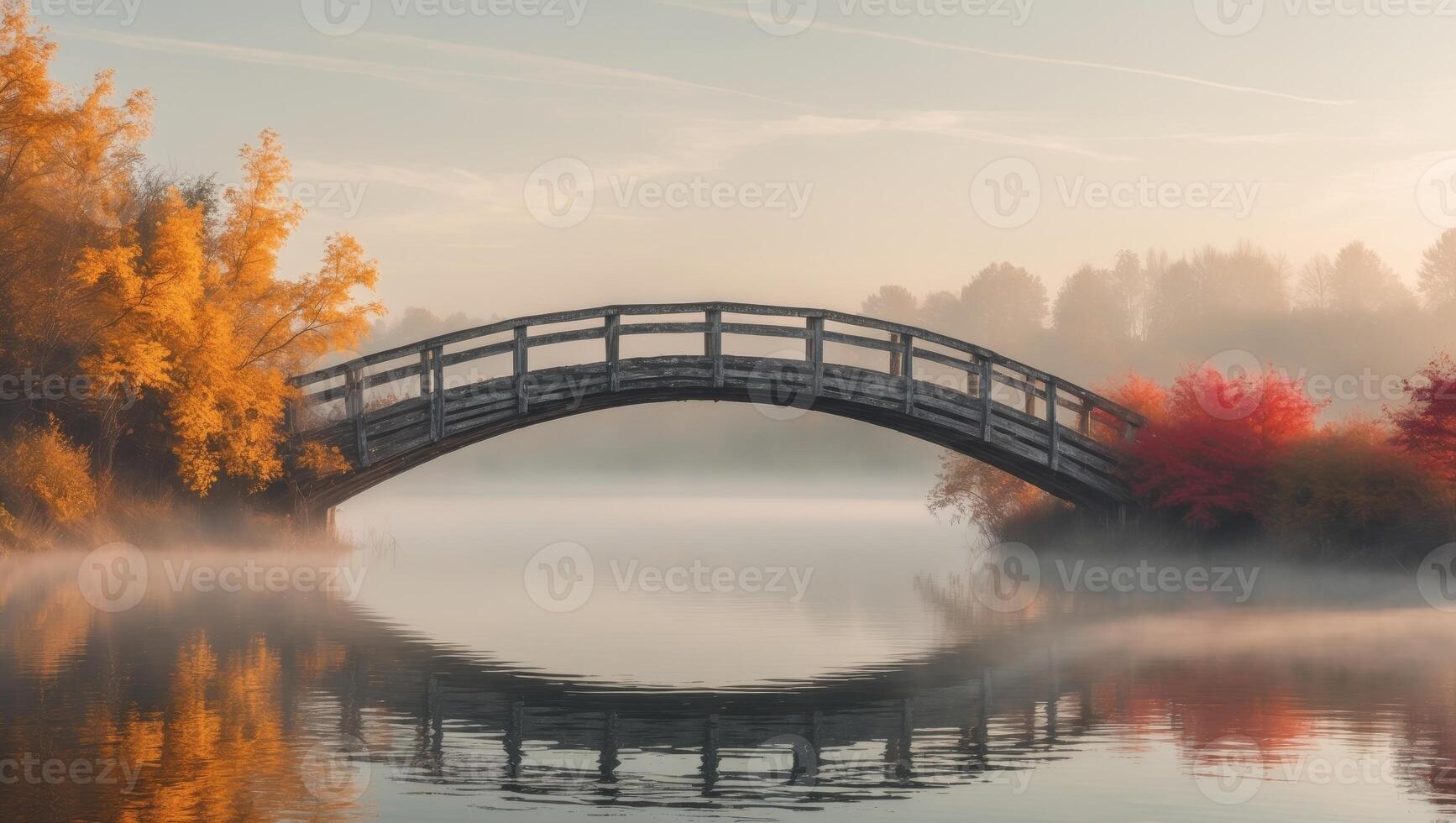 Serene landscape featuring a wooden bridge over misty water with autumn foliage photo