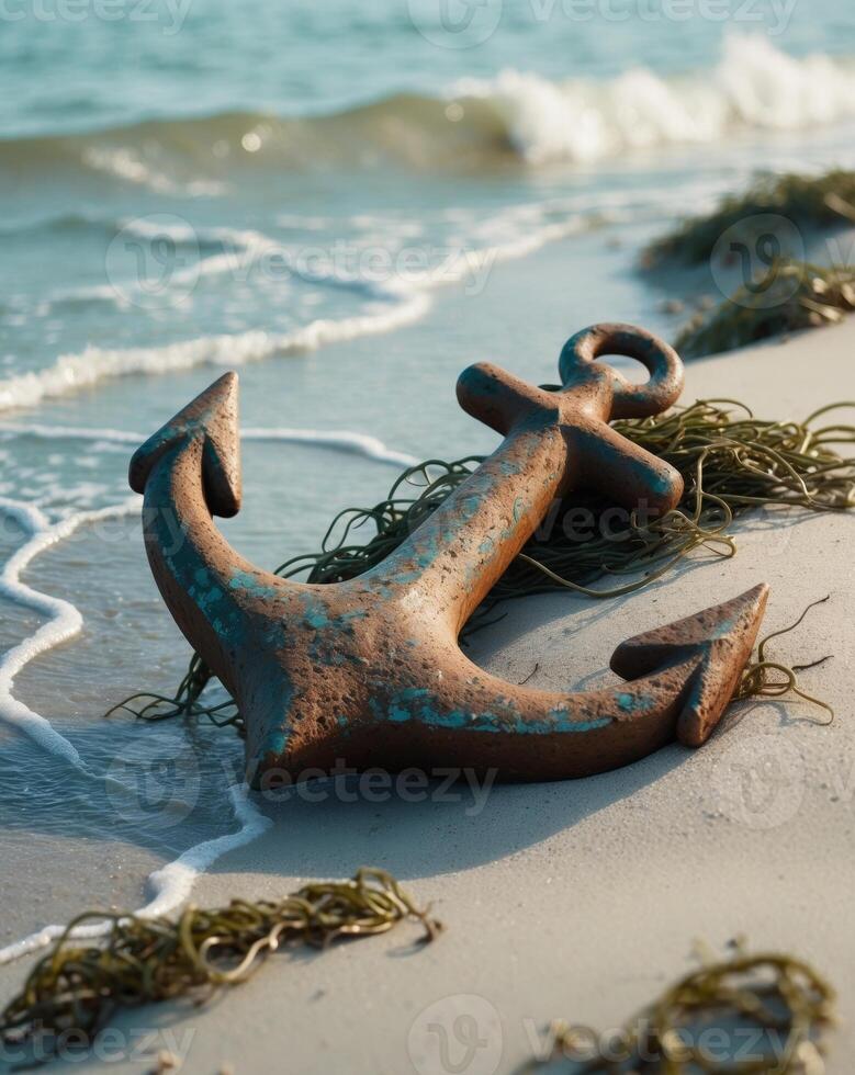 Rustic anchor amidst ocean waves and seaweed on a sandy beach shoreline photo