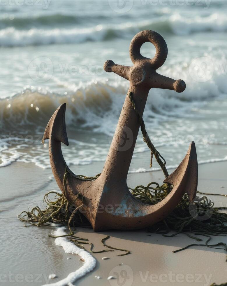 Rustic anchor amidst ocean waves and seaweed on a sandy beach shoreline photo