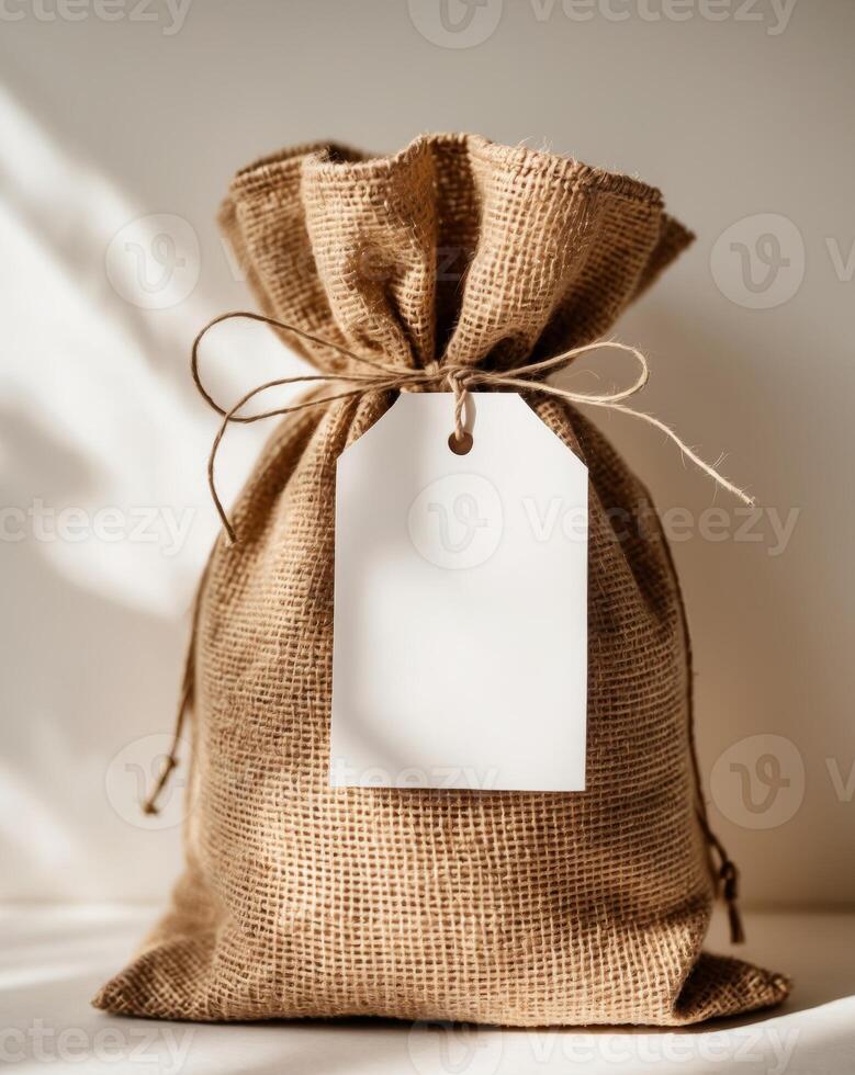 Rustic burlap bag with blank gift tag for creative packaging or labeling photo