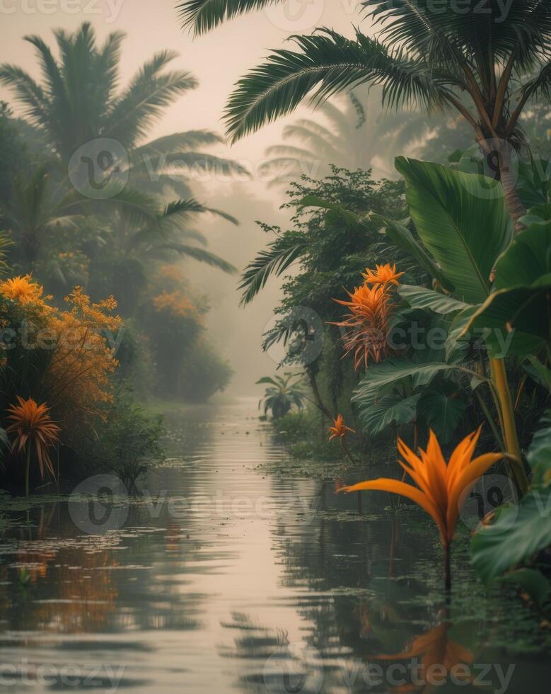 Serene Landscape with Flooded Pathway Surrounded by Lush Tropical Foliage photo