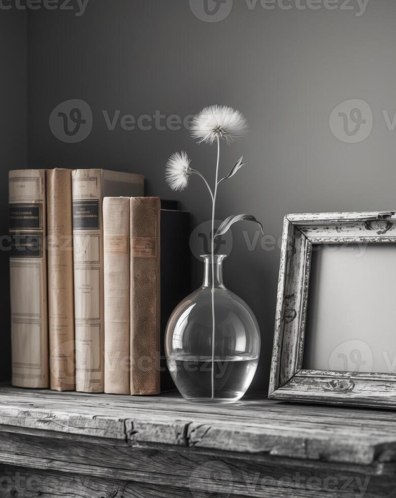 Rustic Wooden Shelf Decorated With Books Vase And Frame photo