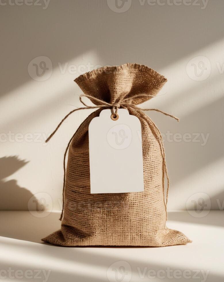 Rustic burlap bag with blank gift tag for creative packaging or labeling photo