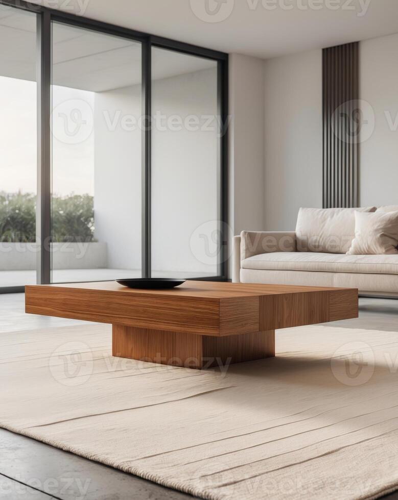 Modern living room with large windows and wooden coffee table photo