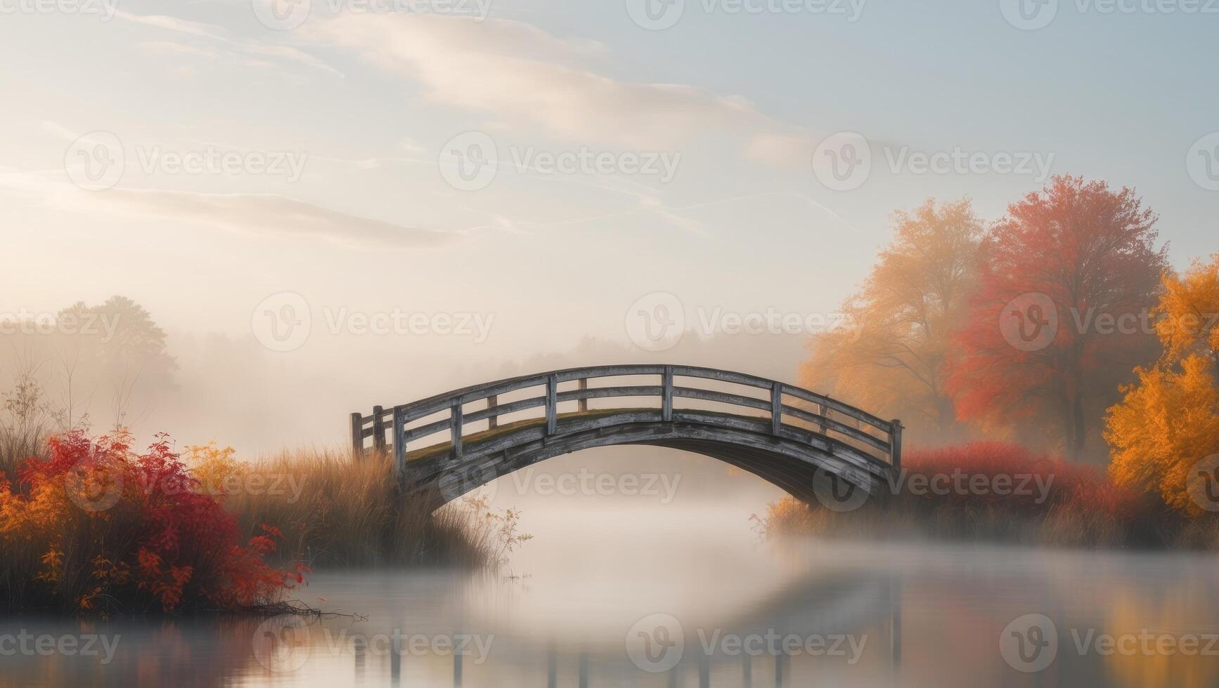 Serene landscape featuring a wooden bridge over misty water with autumn foliage photo