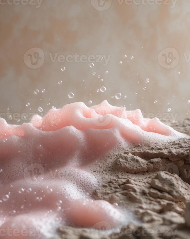 Soft pink foam with bubbles on a textured surface in a calm setting photo
