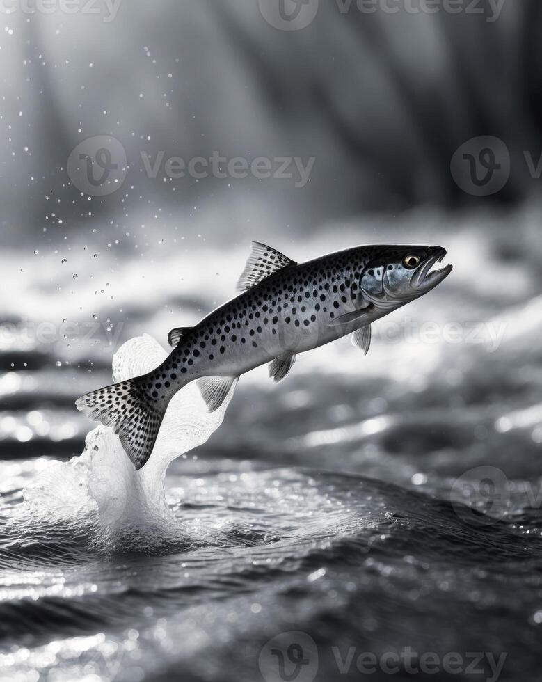 Spotted Trout Fish Leaping from Flowing River with Splash photo