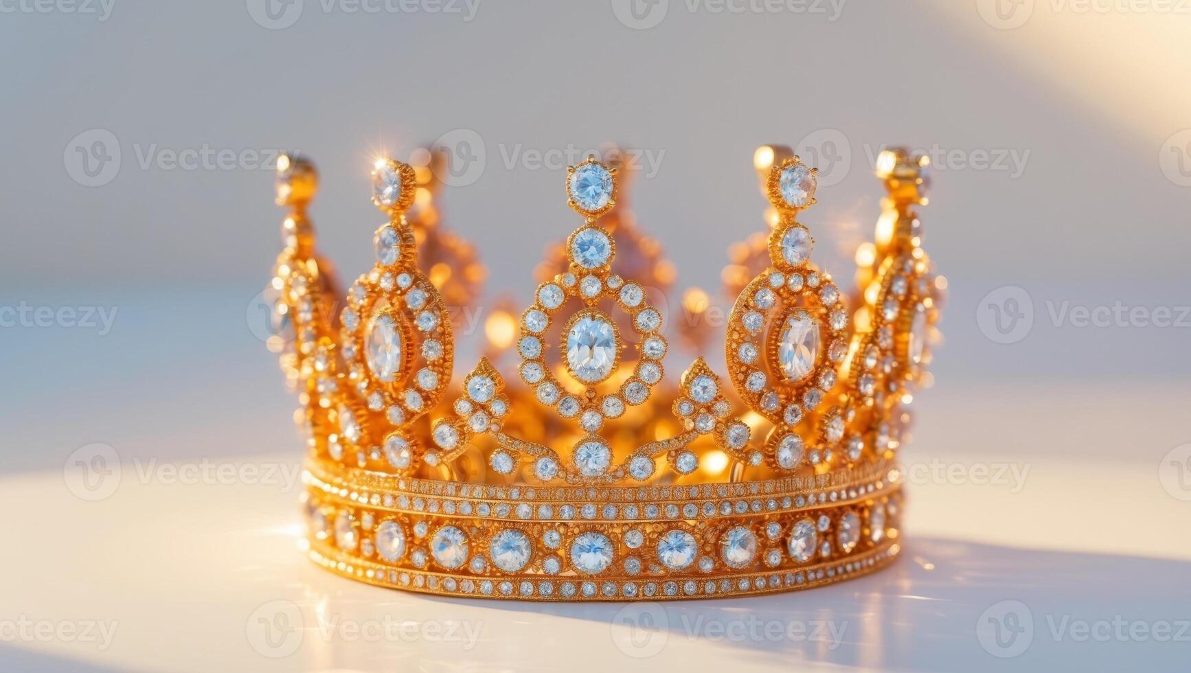 Luxurious golden crown with intricate design and sparkling gems photo