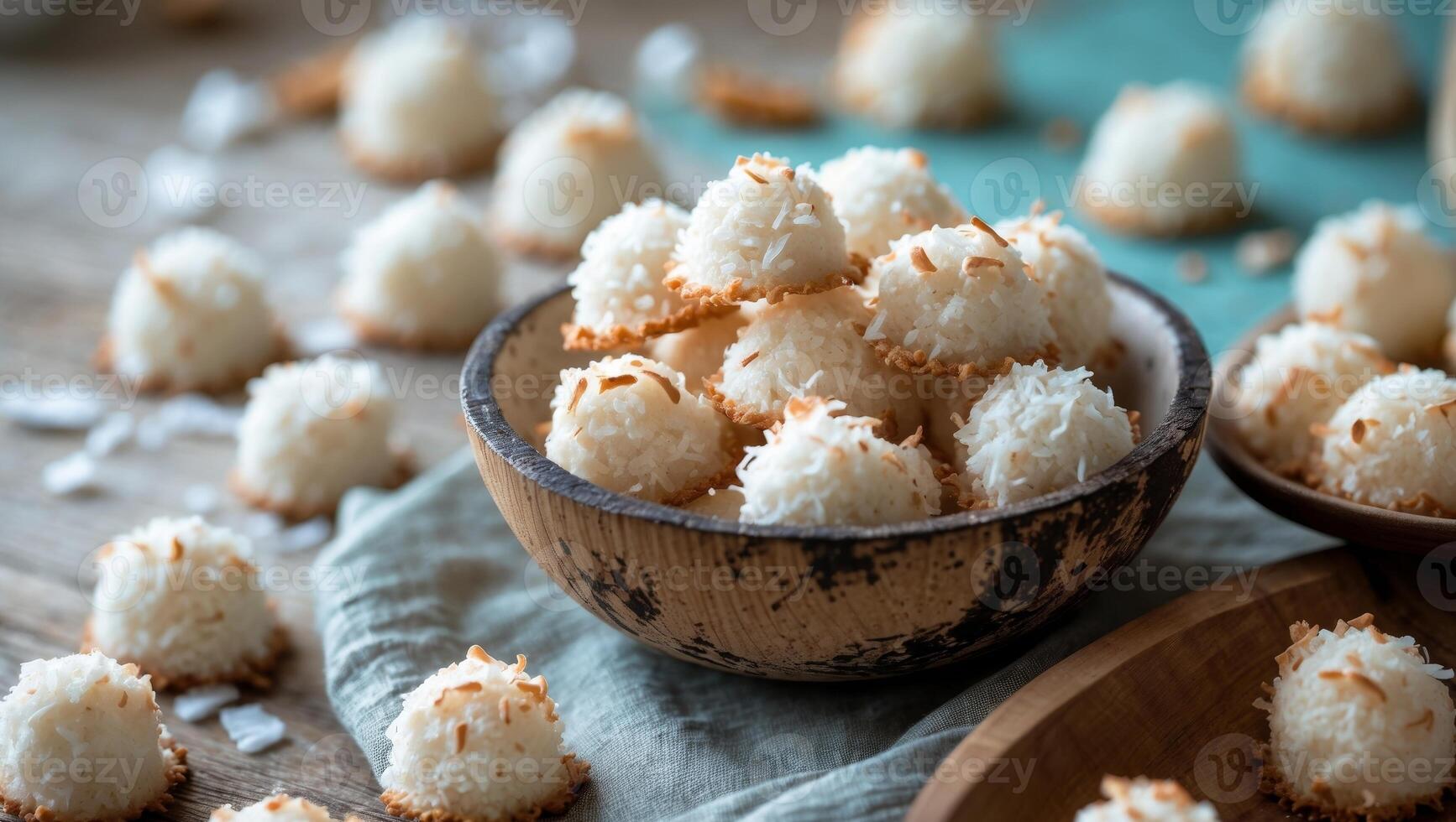 National Macaroon Day Coconut Macaroons Delicious coconut truffles in rustic wooden bowl on wooden table photo